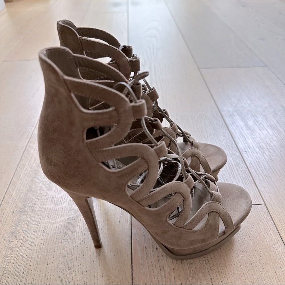 ๐ Saint Laurent Taupe Suede Tribute Ankle Wrap Lace Up Platform Stiletto - Picture 6 of 16